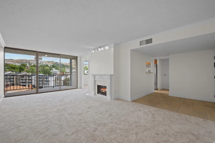 Expansive living area with neutral carpeting, a decorative fireplace, and track lighting