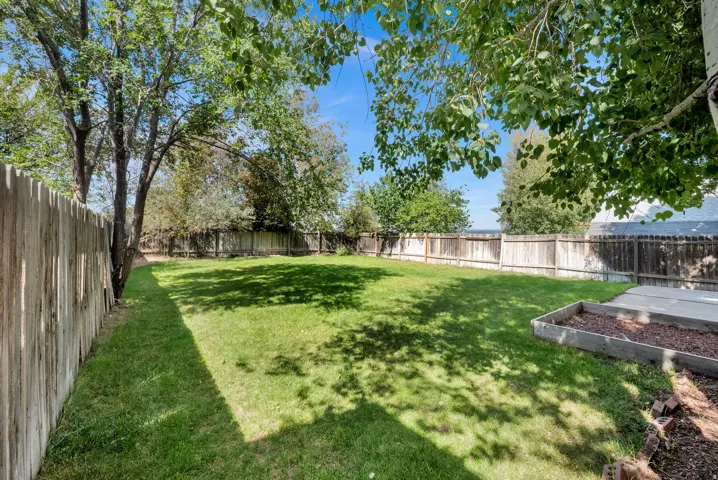 Expansive backyard featuring a manicured lawn, mature trees, and a raised garden bed