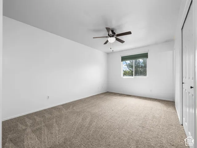 Plush carpet flooring, ceiling fan with integrated lighting, window with a green roll-down shade, and a closet with a bifold door
