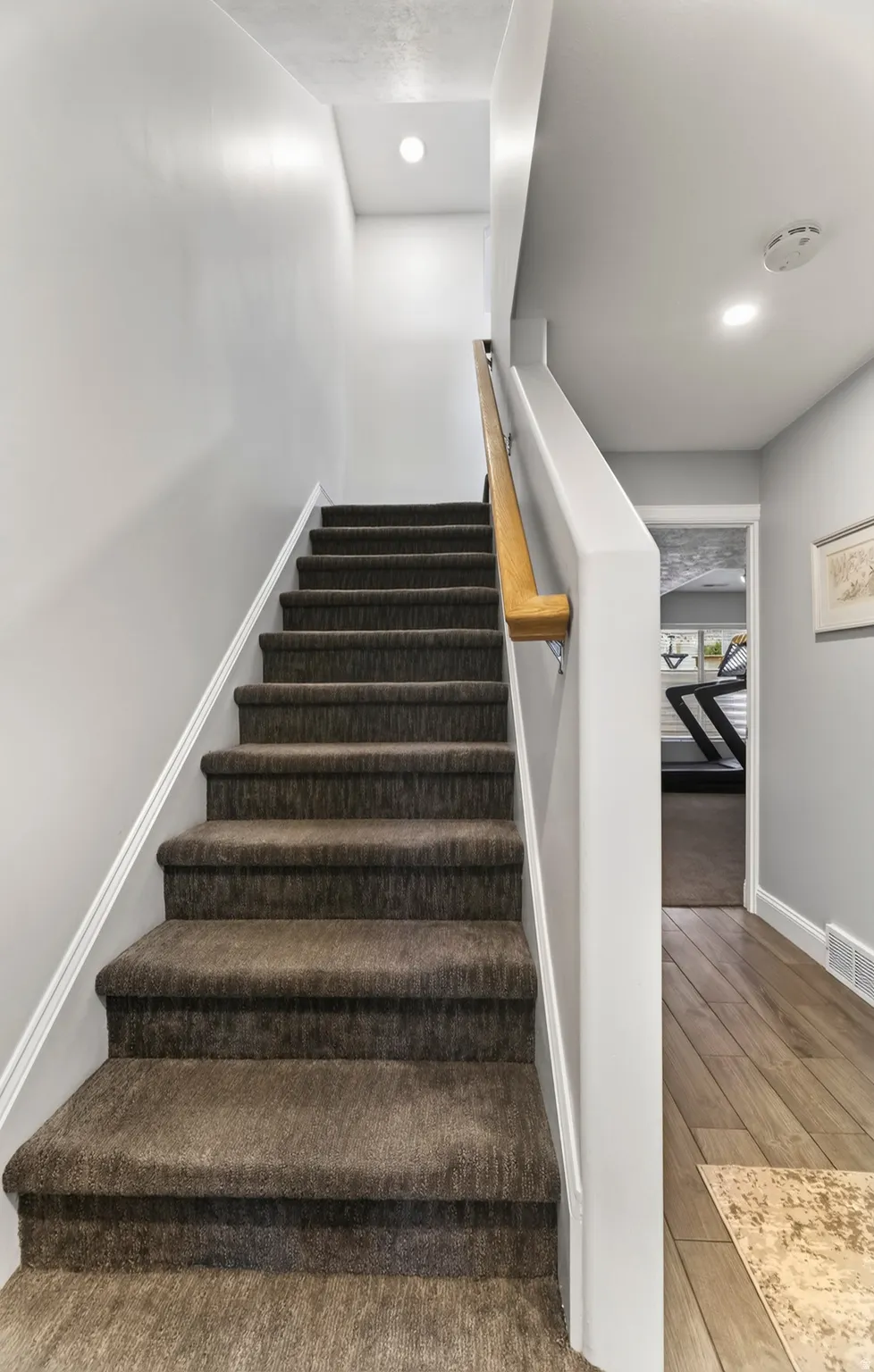 Carpeted staircase with white risers, wood handrail, and recessed lighting