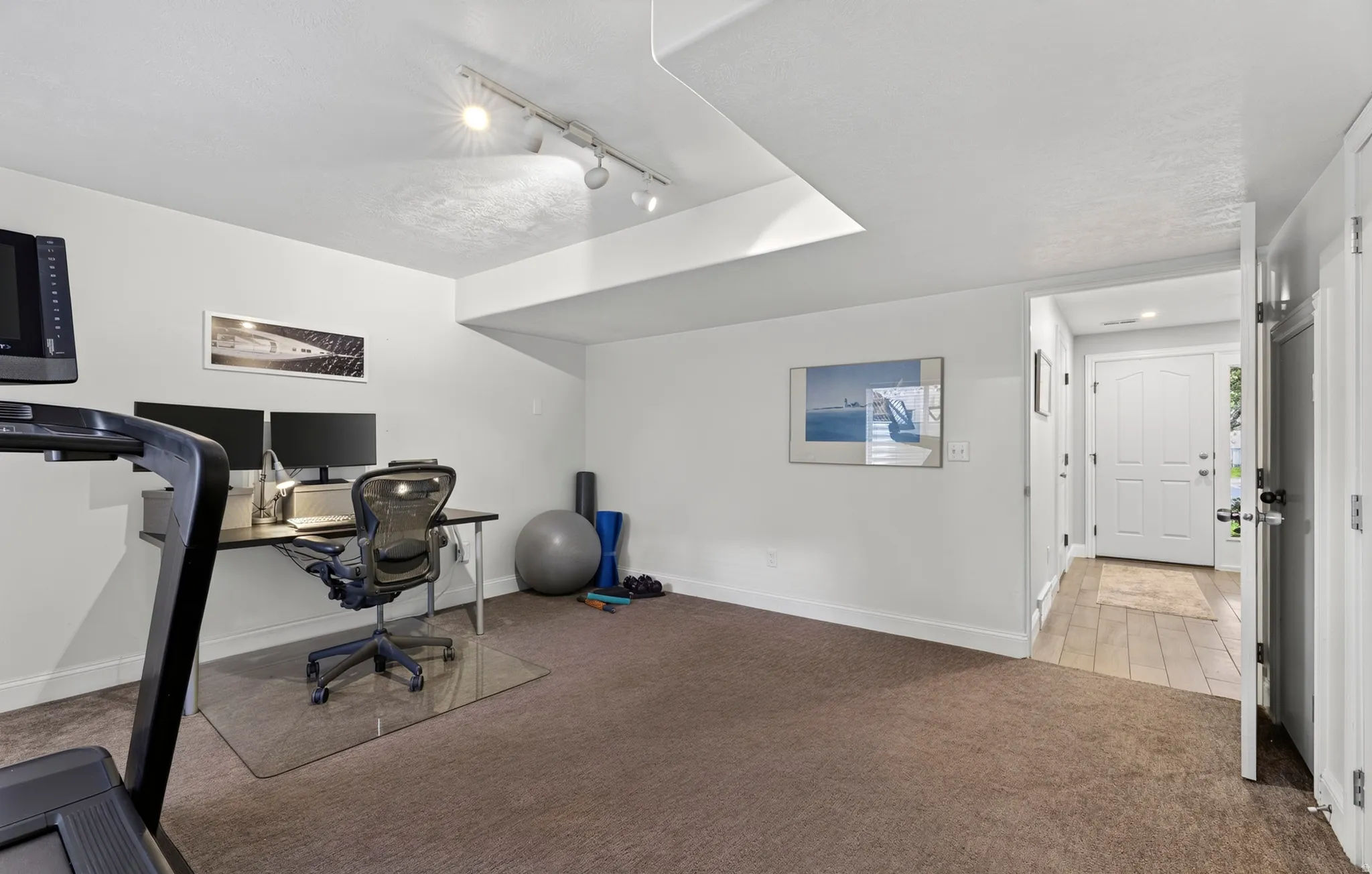 Recessed lighting, track lighting, neutral wall paint, and carpeted flooring