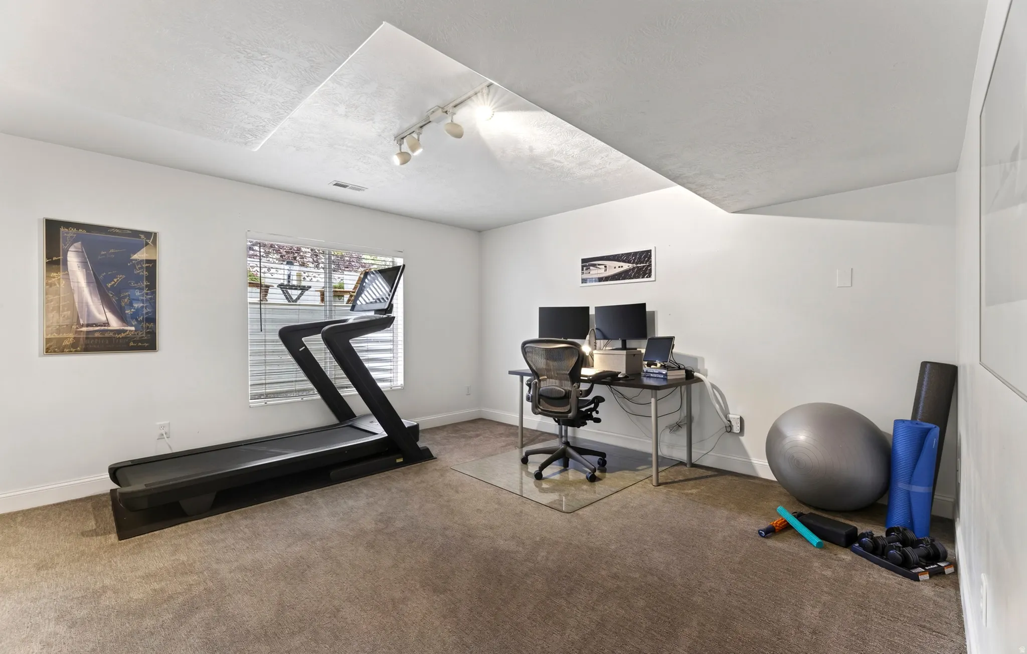 Carpeted flooring, white walls, recessed ceiling feature, track lighting, and a window with blinds