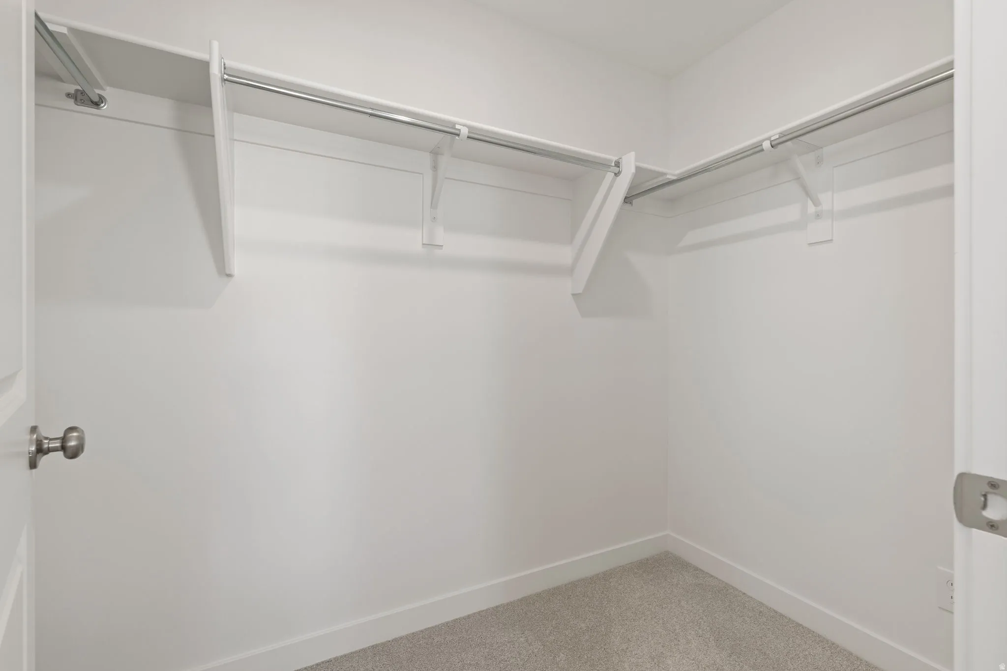 Walk-in closet with white walls, carpet flooring, and built-in shelving units