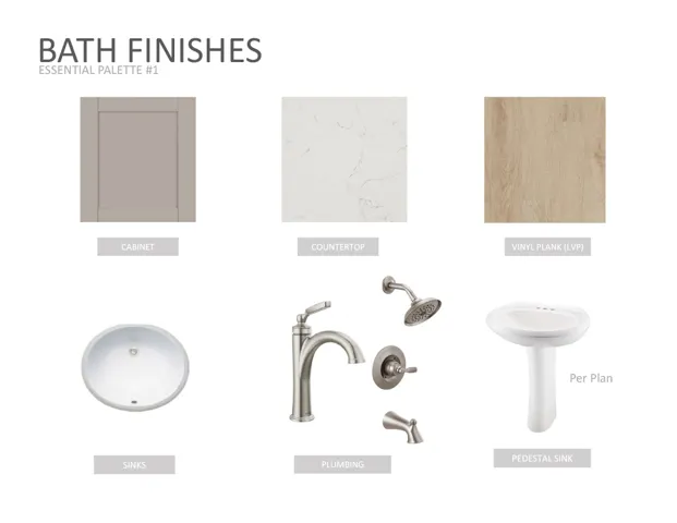 Finishes Selection Document, Bath Finishes. Presenting the specified materials and fixtures for the property's bathroom components
