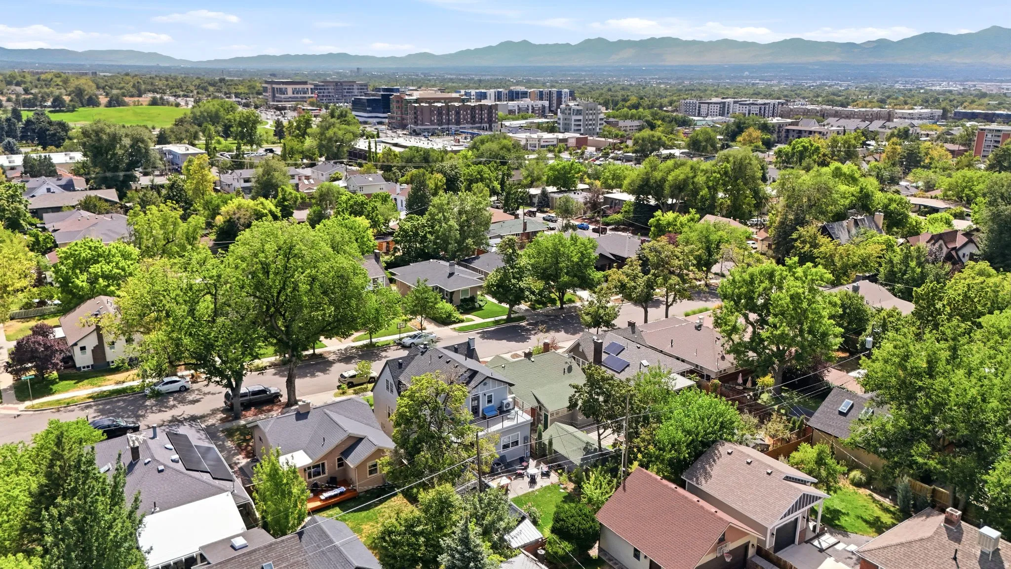 Expansive residential neighborhood with mature trees, established homes, and distant mountain backdrop