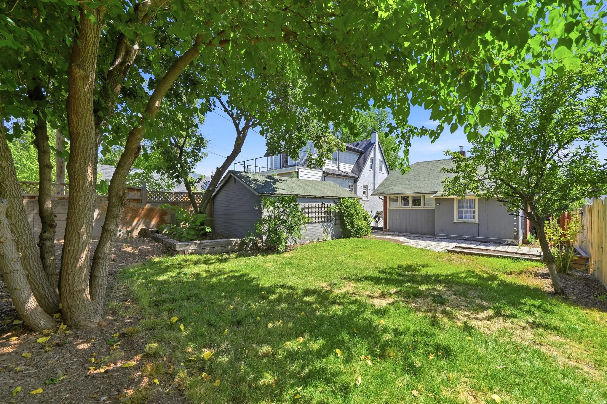 Expansive grassy yard with mature trees, a paved patio, and a detached shed featuring a green roof