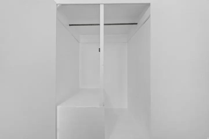 Built-in closet featuring an integrated hanging rod and interior shelving