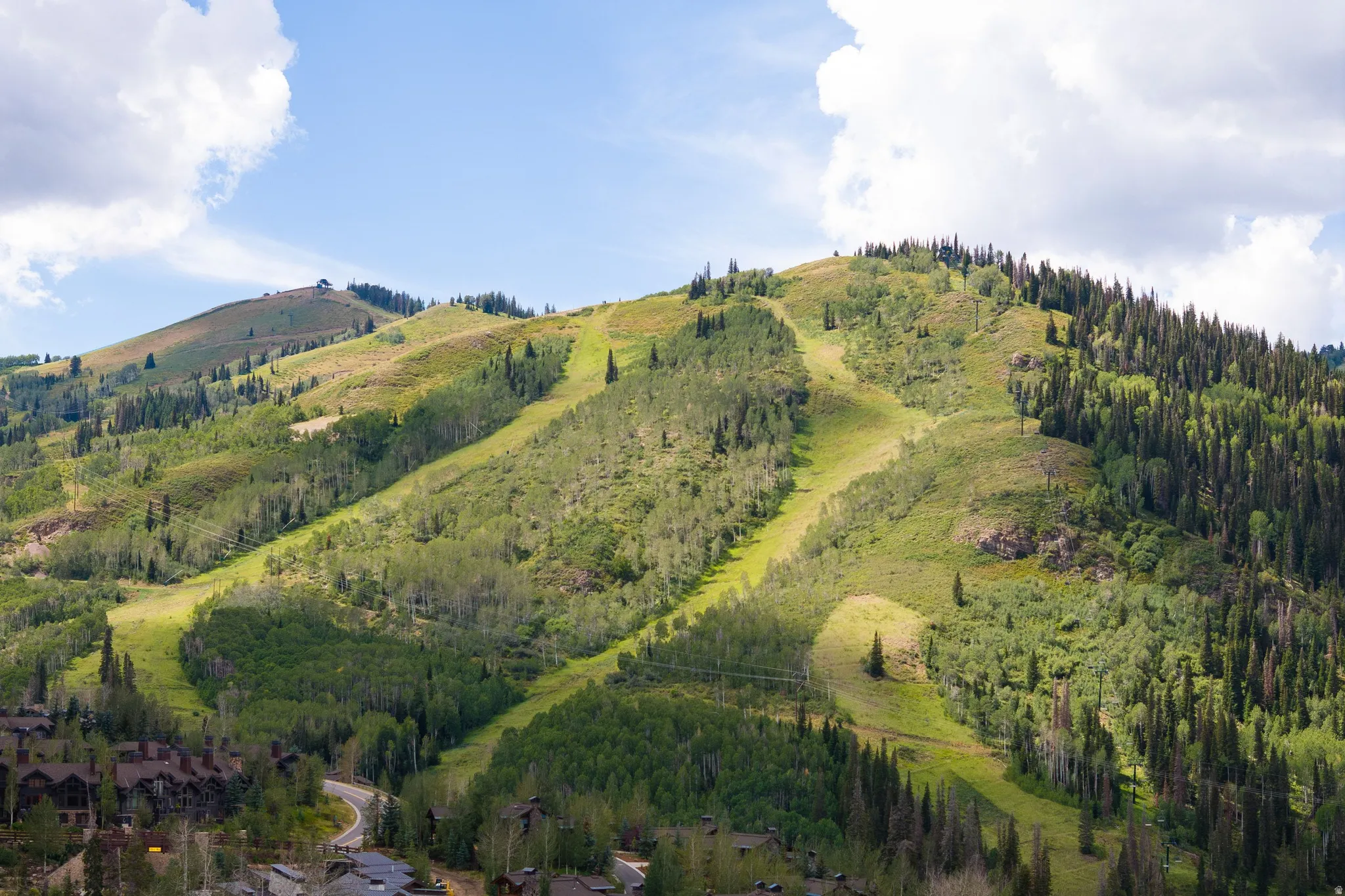 Mountainous terrain featuring ski slopes, dense forests, and clear skies
