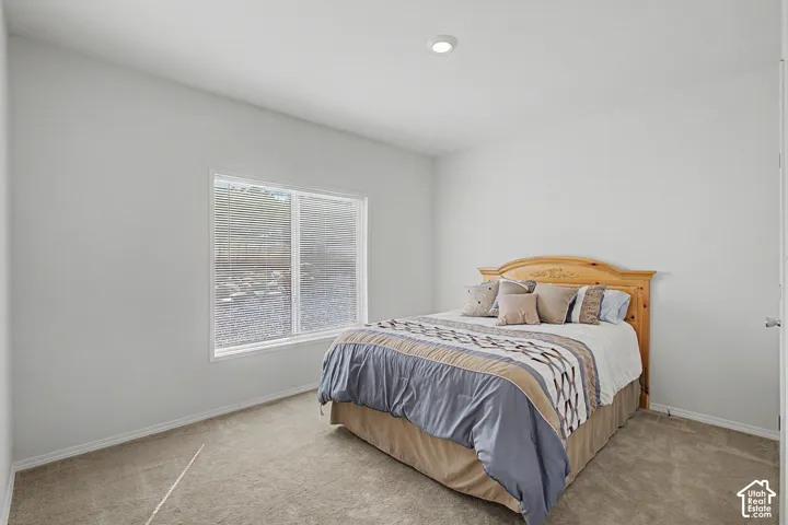 2nd bedroom with carpet and blinds