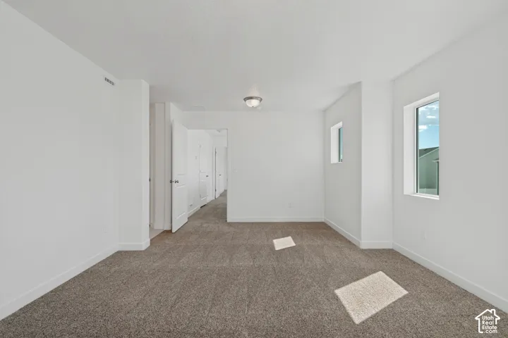 Neutral-toned carpeting, white walls, two windows, and a flush mount ceiling light fixture