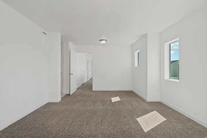 Neutral-toned carpeting, white walls, two windows, and a flush mount ceiling light fixture