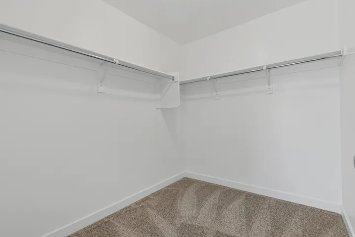 White painted walls, metal hanging rods, and carpet flooring