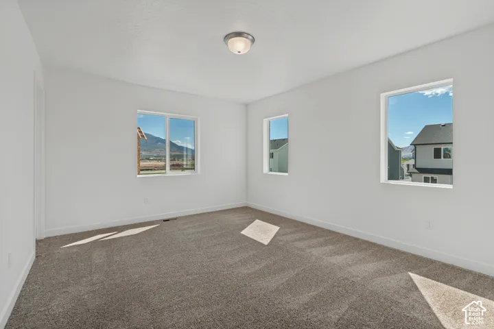 Neutral wall paint, three windows, textured ceiling, flush mount ceiling light, and carpeted flooring
