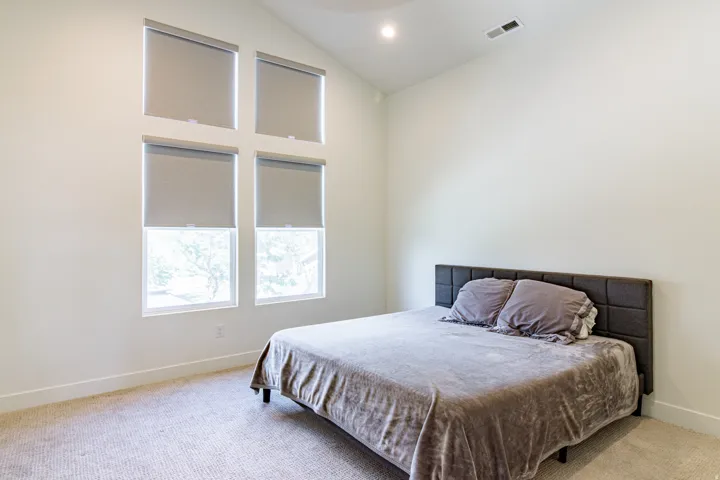 Vaulted ceiling with recessed lighting, large windows with roller shades, and carpeted flooring
