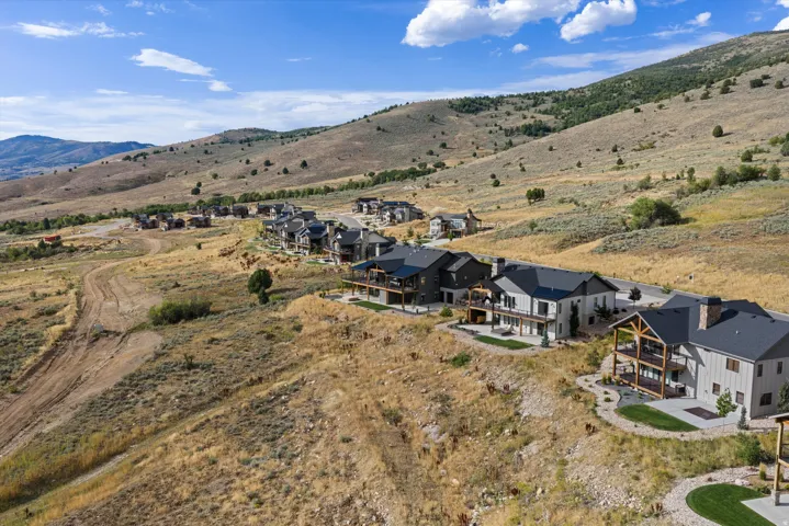 Modern residences with dark shingle roofs, hillside landscaping, and stone chimneys