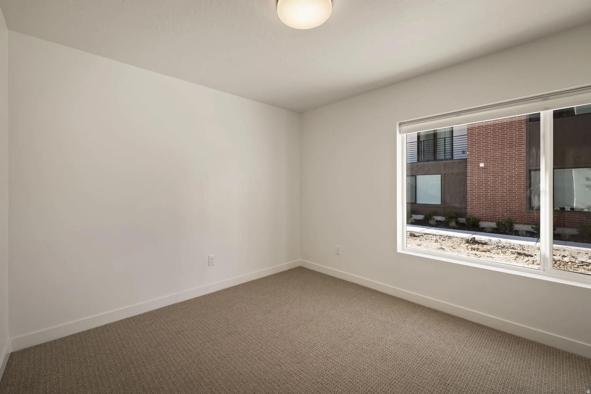 Neutral wall finishes, textured carpeting, contemporary window, and a flush mount ceiling light