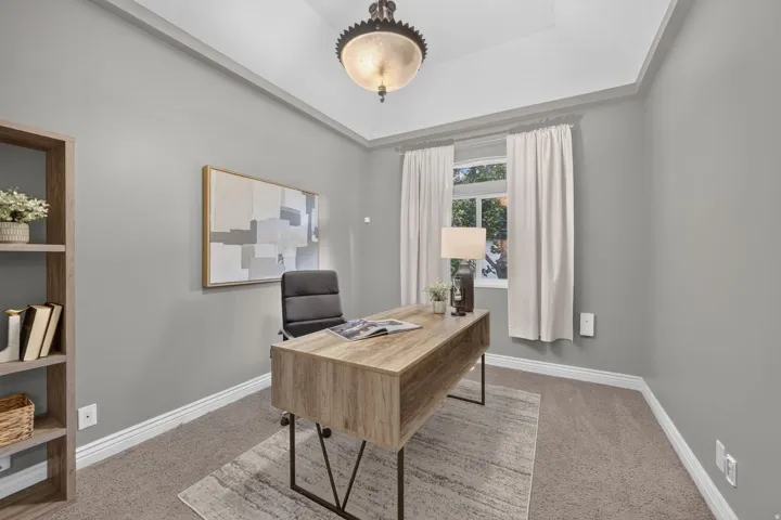 Tray ceiling with a decorative semi-flush mount fixture, neutral wall color, and window with natural light