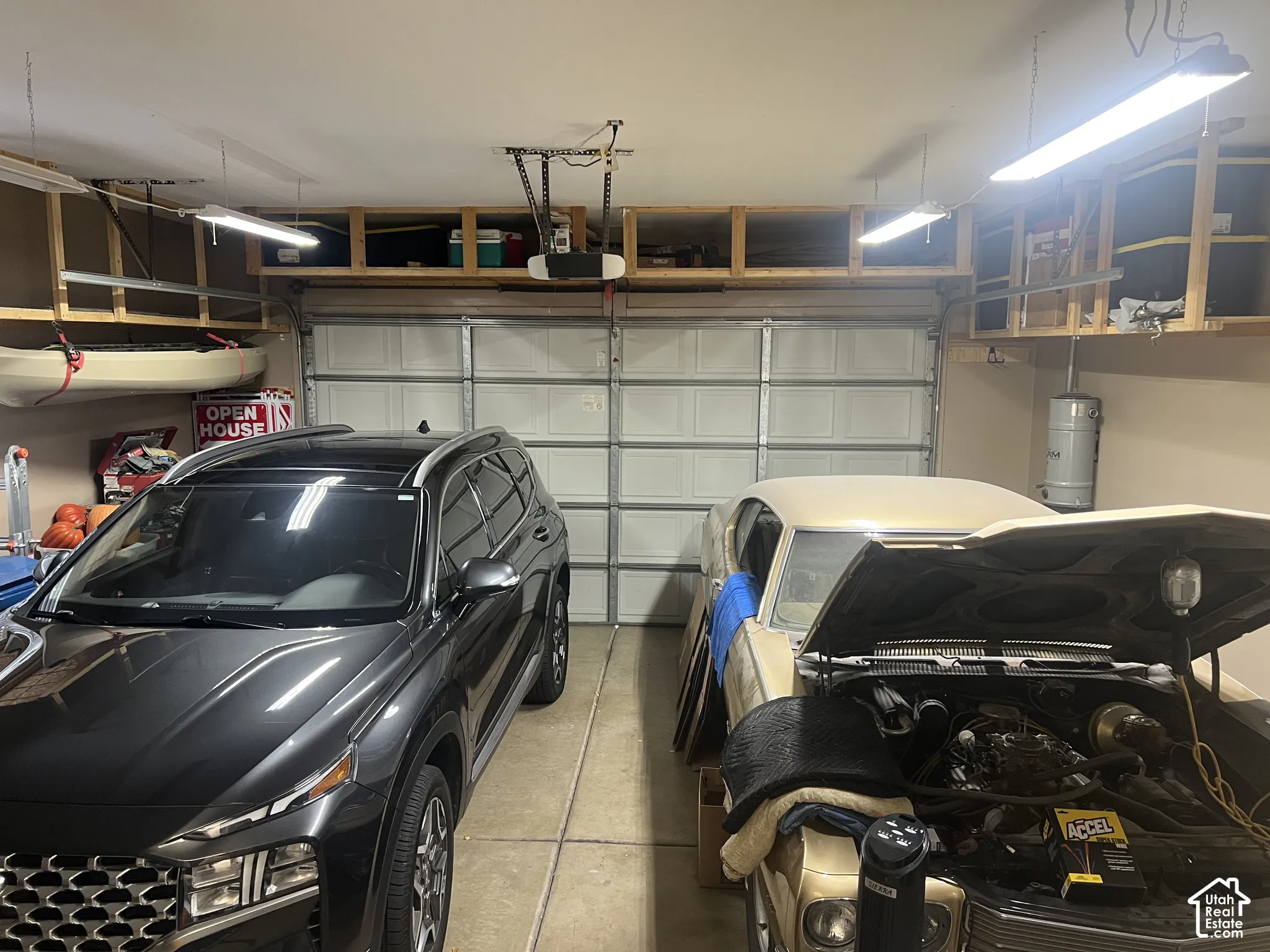 Two-car garage featuring a sectional door, overhead fluorescent lighting, and extensive built-in perimeter shelving