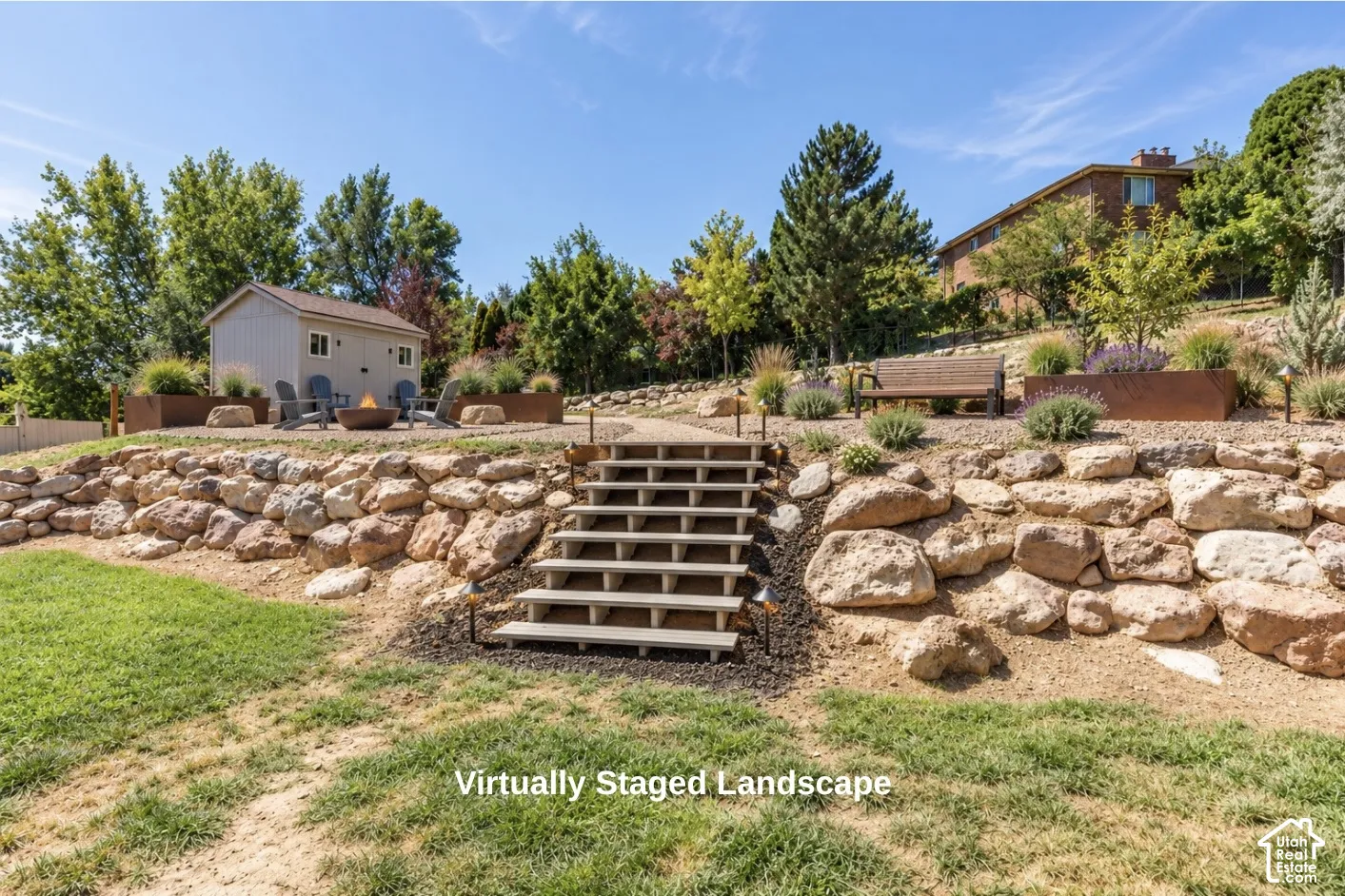 Tiered landscape featuring natural stone retaining walls, open-tread staircase, graveled ground cover, metal garden beds, and detached storage structure - Virtural landscape- Not Existing