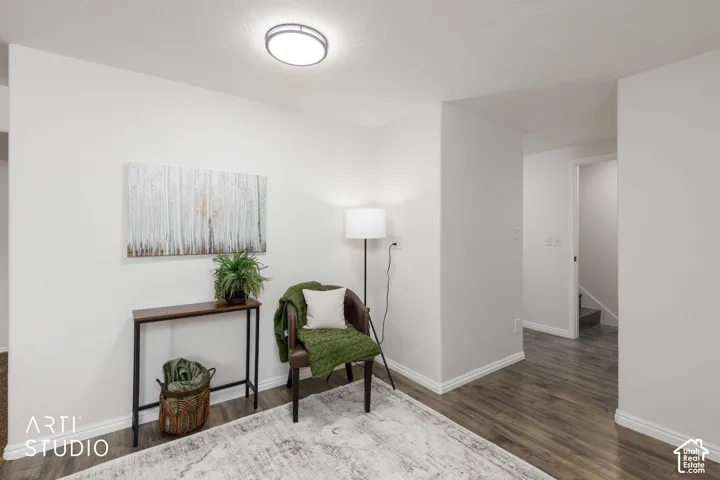 Entry area into basement family room with Pergo wood-finish flooring.