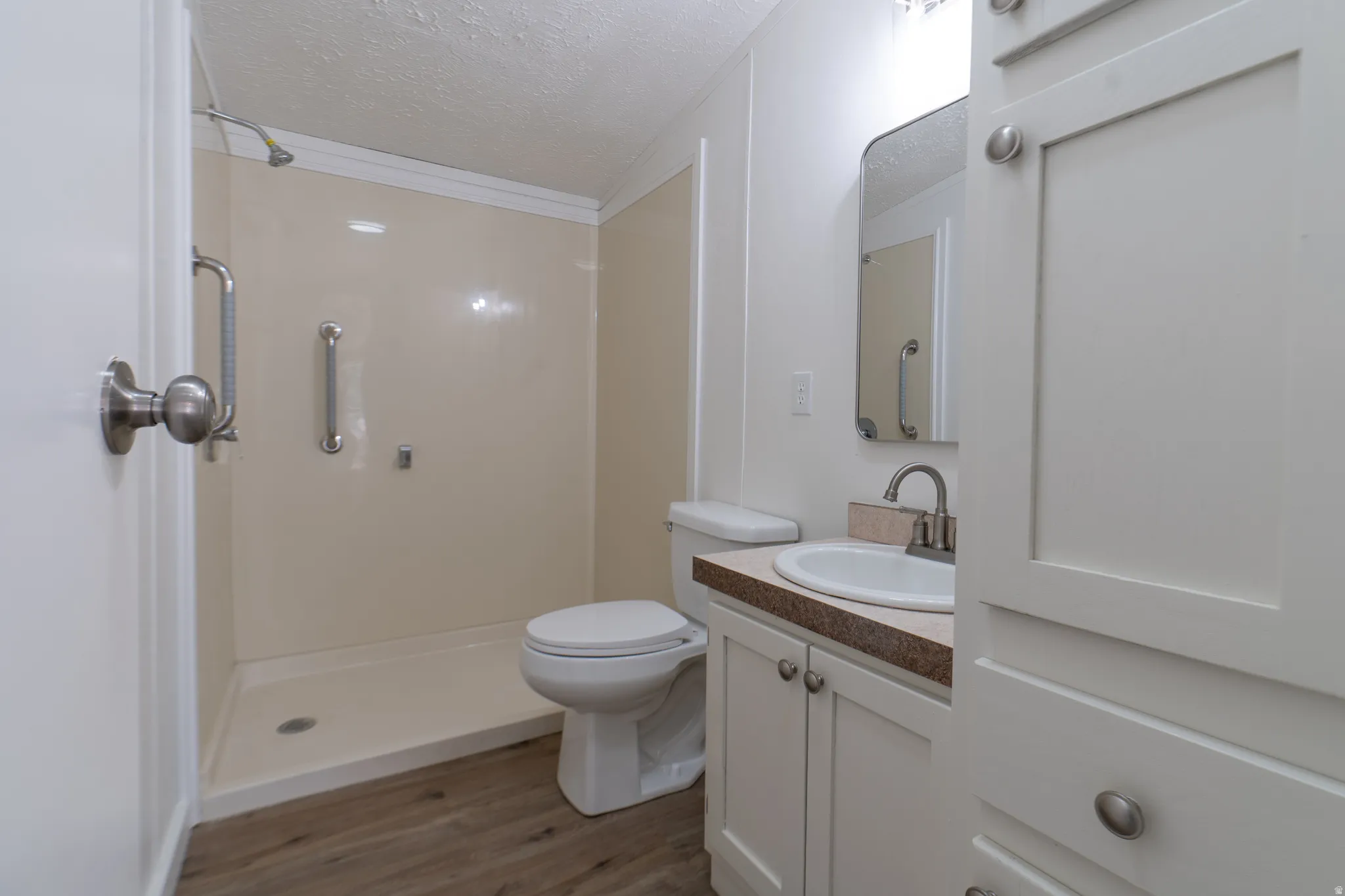 Walk-in shower with grab bars, wood-finish flooring, white vanity with integrated sink, and built-in storage cabinetry