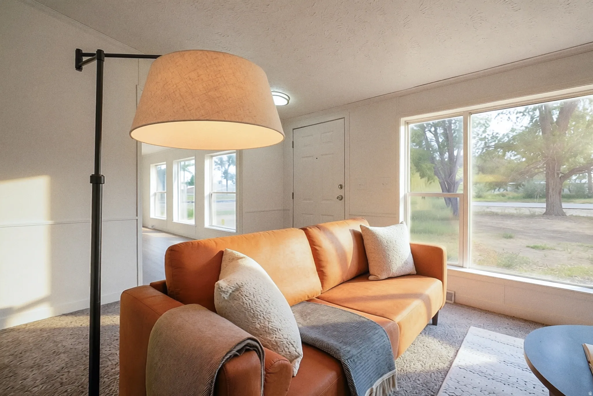 Large picture window, white painted walls, textured ceiling, light-colored door, and carpeted flooring