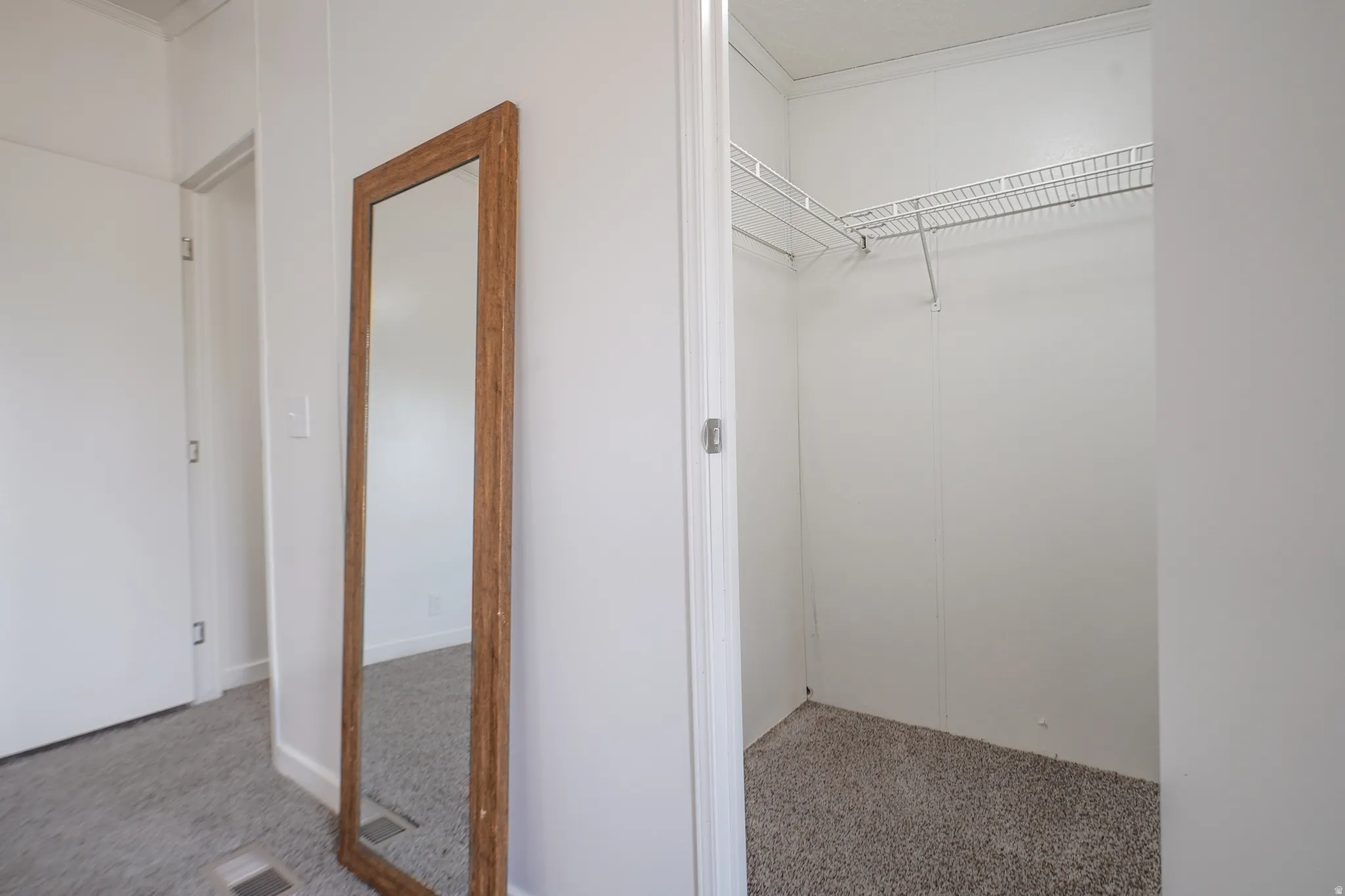 Carpeted closet with wire shelving