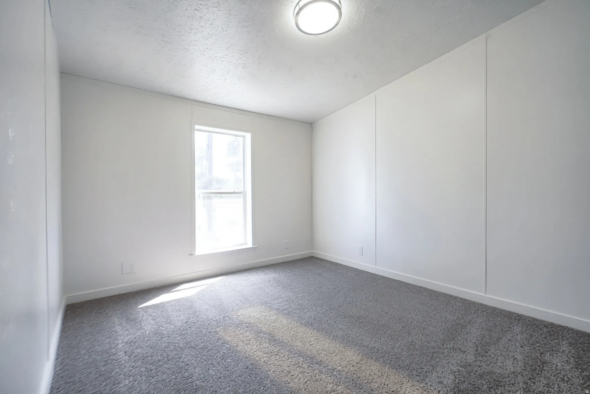 Neutral wall finishes, recessed window, flush-mount ceiling light, and gray patterned carpet flooring