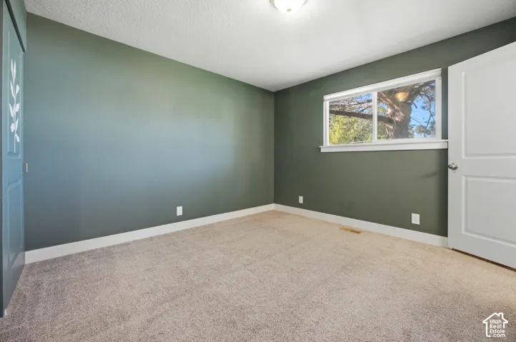 Neutral-toned carpeting, ample natural light from a large window, a ceiling-mounted light fixture, and a white interior door