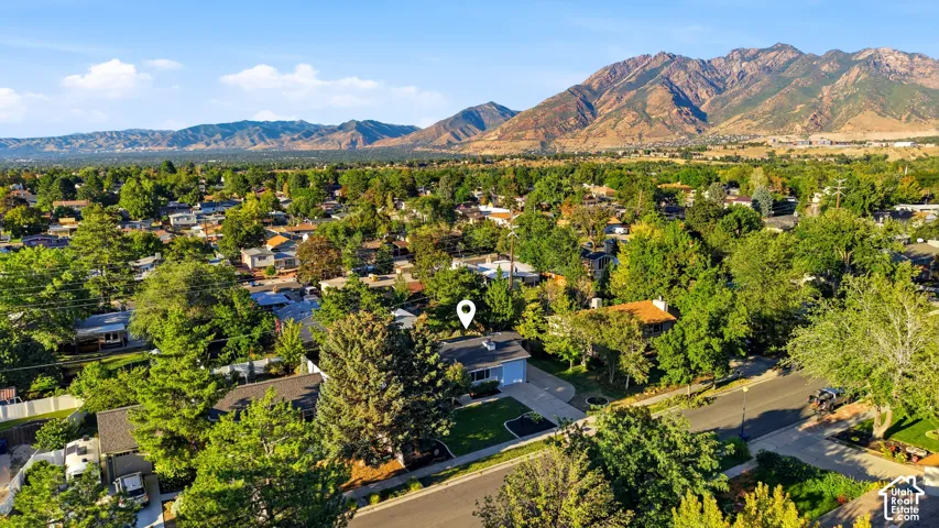Expansive residential area featuring mature trees, paved streets, and distant mountain ranges