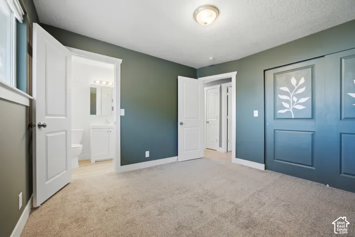 Plush carpet flooring, recessed ceiling lighting, and custom sliding closet doors with decorative accents