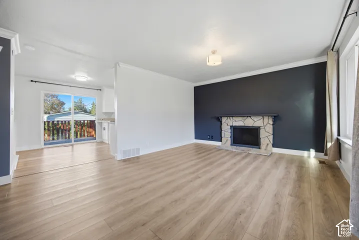 Wood-finish flooring, stone-clad fireplace, dark accent wall, crown molding, and sliding glass door