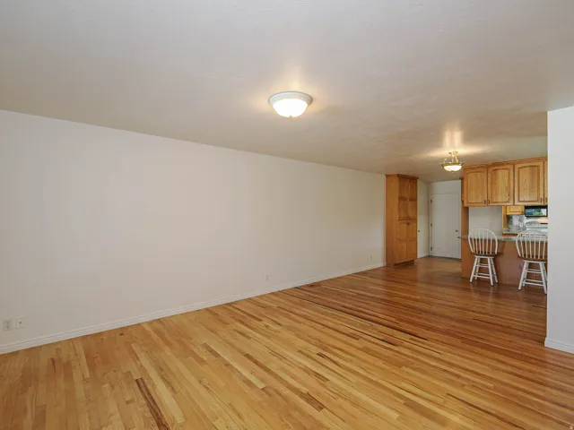 Wood-finish flooring throughout, with white walls and overhead flush-mount lighting
