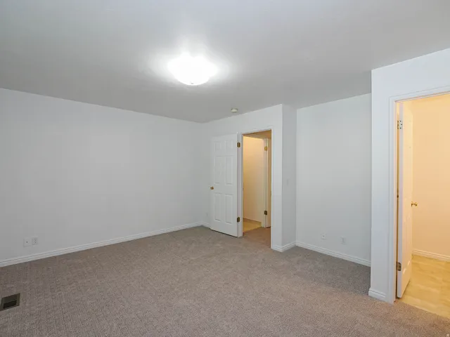 Neutral-toned carpeting, white walls, and a ceiling-mounted light fixture