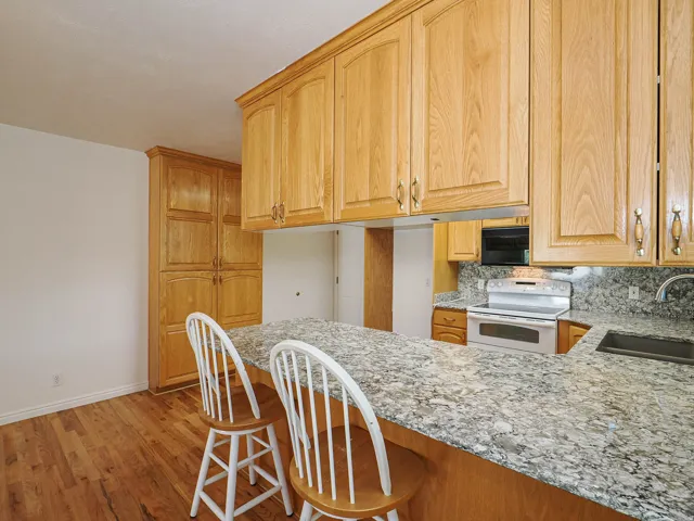 Wood-finish flooring, ample cabinetry, built-in pantry, stone-finish countertops, and stainless steel sink