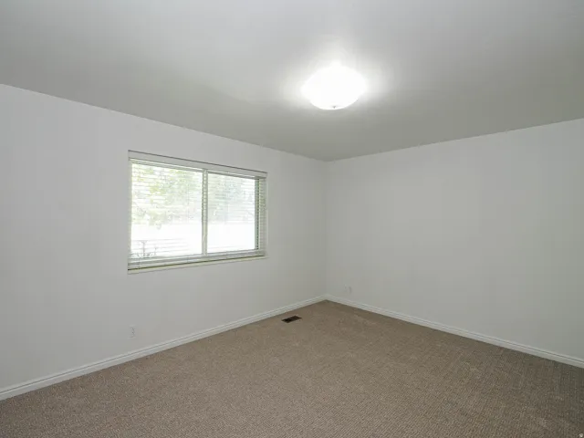 Carpeted flooring, white walls, flush mount lighting, window with blinds