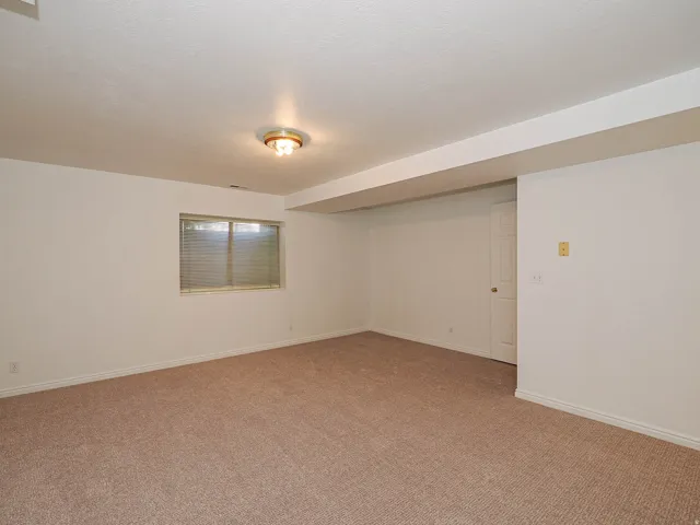 Wall-to-wall carpeting, overhead ceiling light fixture, window with blinds, interior door