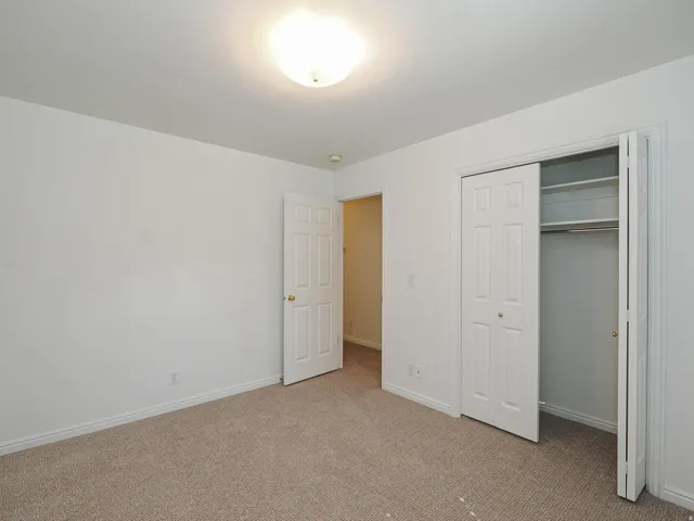 Wall-to-wall carpeting, overhead ceiling light fixture, white interior doors with brass-finish hardware, and a built-in closet with bi-fold doors
