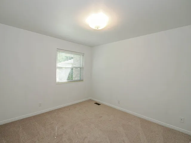 Window with horizontal blinds, carpeted flooring, and a flush mount ceiling light fixture
