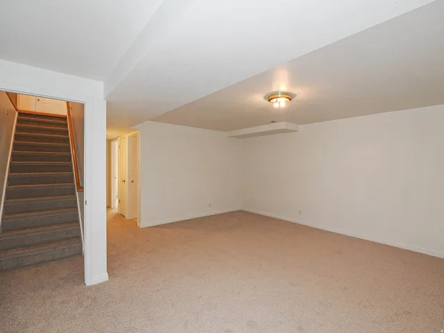 Carpeted flooring, neutral wall colors, recessed ceiling element, flush mount lighting, and interior doorways