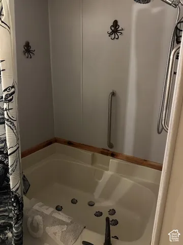 Built-in jetted tub with wall-mounted grab bar, and a shower fixture