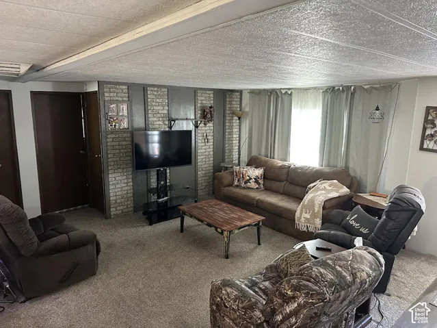 Textured ceiling panels, two interior doors, brick-patterned accent wall, and carpeting