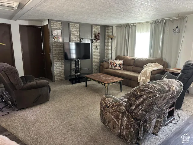 Carpeted living area featuring a neutral color palette, paneled accent wall, and natural light