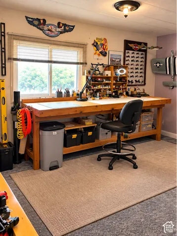 Built-in wood workbench with integrated shelving