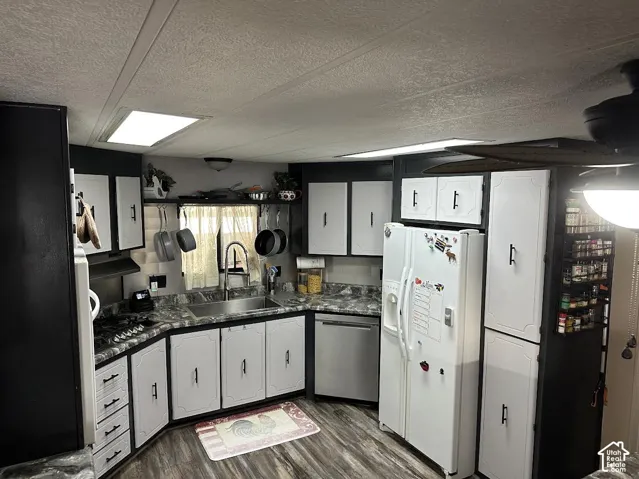 Kitchen featuring a stainless steel sink, built-in dishwasher, wood-finish flooring, and white cabinetry with dark hardware