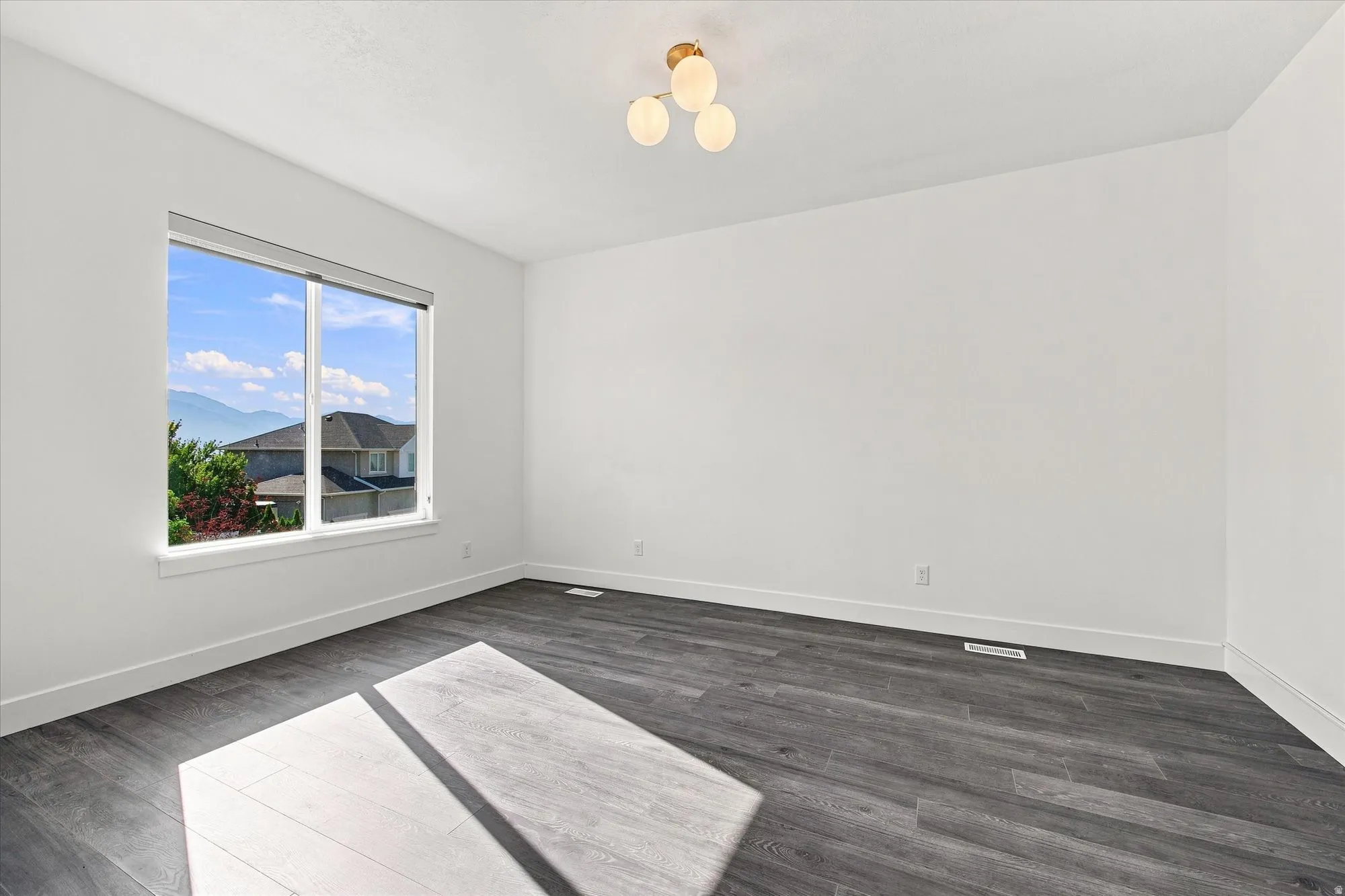 Spacious room featuring wood-finish flooring, white walls, and a multi-pane window