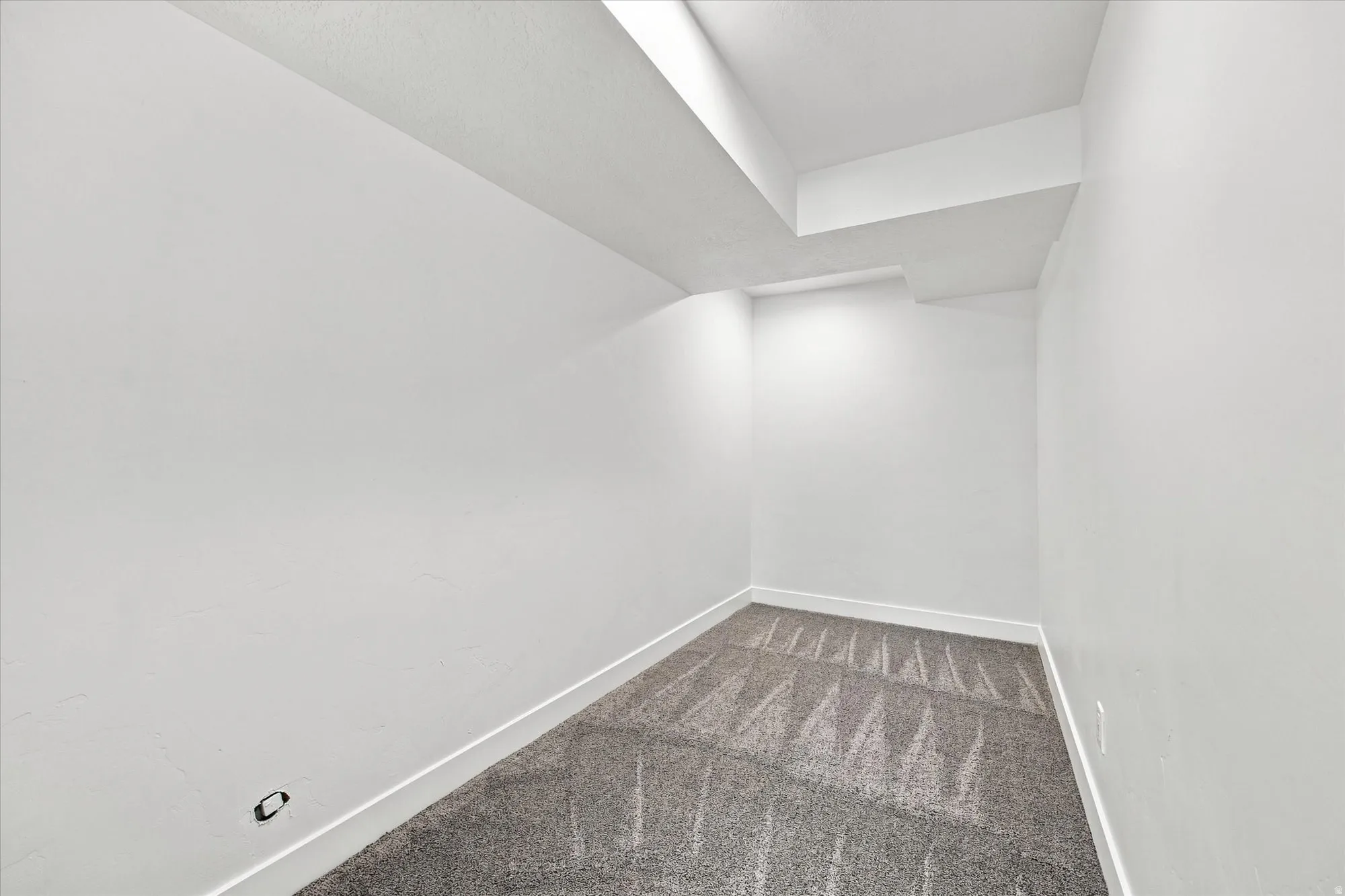 Light grey patterned carpet with white trim