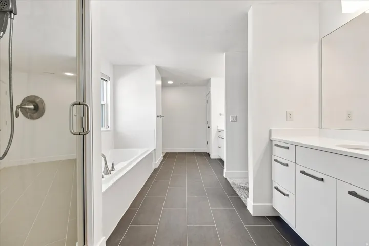 Spa-inspired primary bathroom featuring a freestanding soaking tub, walk-in shower with frameless glass enclosure and rainfall showerhead, dual-sink vanity with white cabinetry and brushed nickel hardware, and dark tile flooring throughout