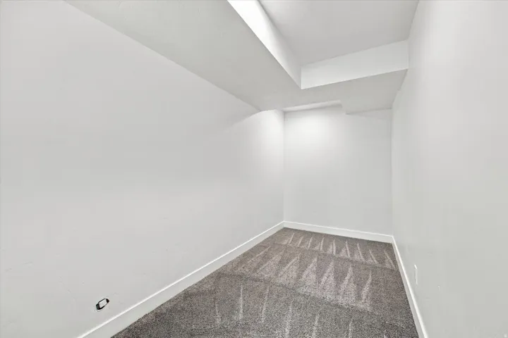 Light grey patterned carpet with white trim