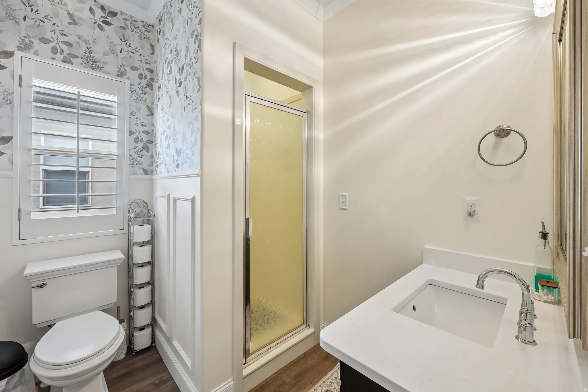 Vanity with integrated sink and chrome faucet, glass-enclosed shower, white wainscoting, and wood-finish flooring